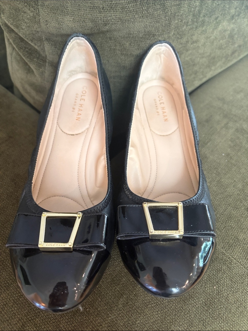 Cole Haan Black Patent Ballet Flats with Gold Square Buckle